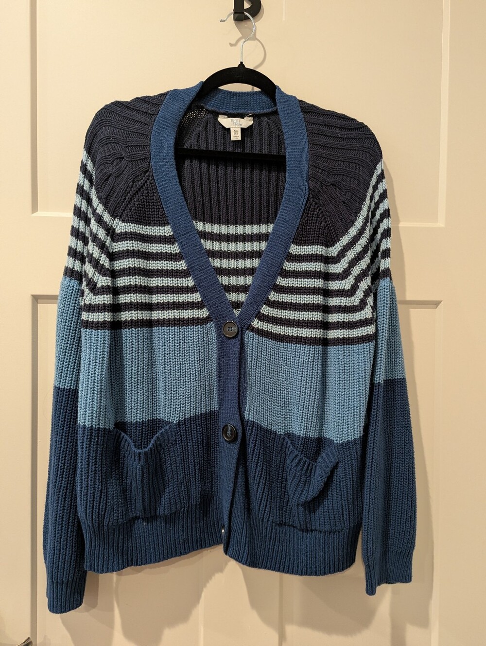 Time and Tru Navy and Light Blue Ribbed Open Cardigan